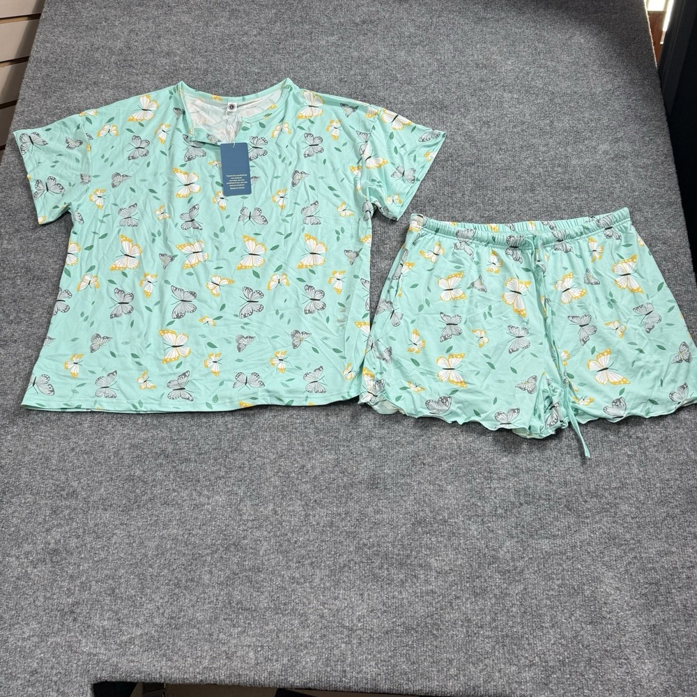 Green Butterfly Print Pajama Set Short Sleeve‎ Tee Ruffle Hem Shorts Size Large